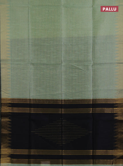 Semi dupion saree pastel green and black with allover zari woven buttas and temple design zari woven border