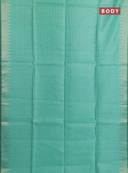 Semi dupion saree teal green and violet with allover zari woven buttas and temple design zari woven border