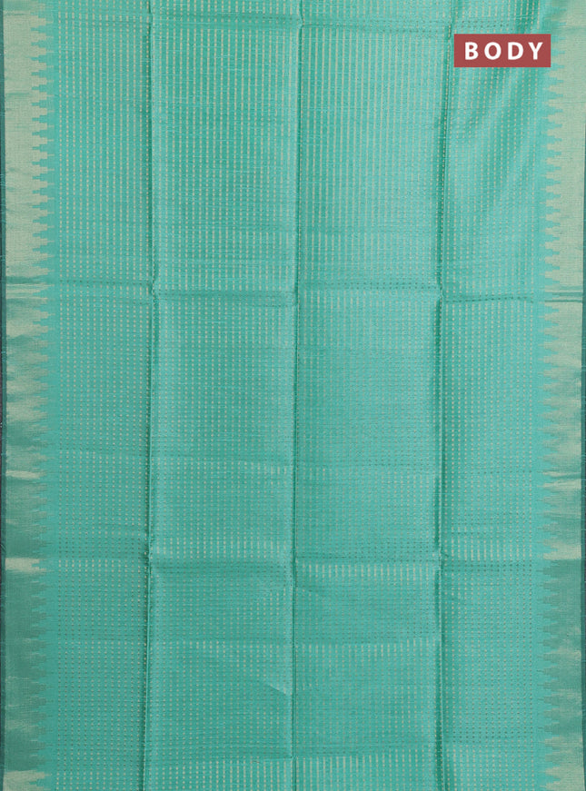 Semi dupion saree teal green and violet with allover zari woven buttas and temple design zari woven border