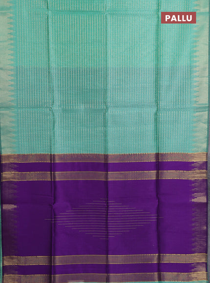 Semi dupion saree teal green and violet with allover zari woven buttas and temple design zari woven border