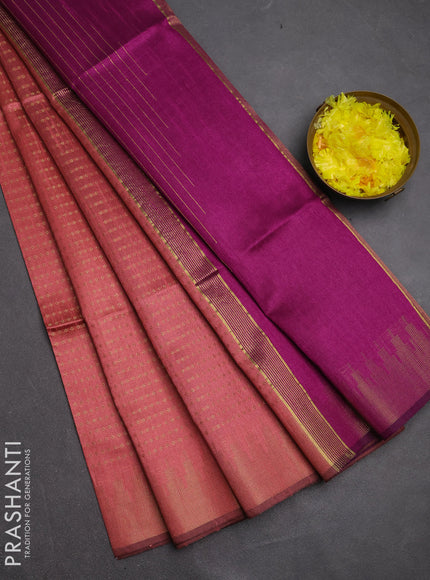 Semi dupion saree peach and purple with allover zari woven buttas and temple design zari woven border