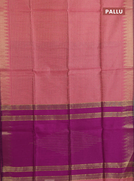 Semi dupion saree peach and purple with allover zari woven buttas and temple design zari woven border