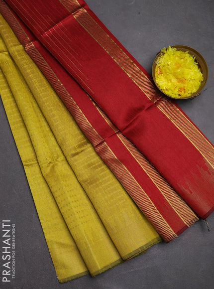 Semi dupion saree yellow and maroon with allover zari woven buttas and temple design zari woven border