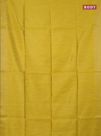 Semi dupion saree yellow and maroon with allover zari woven buttas and temple design zari woven border