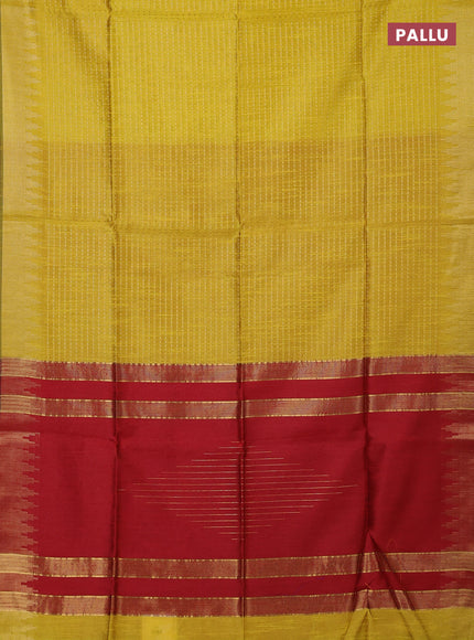 Semi dupion saree yellow and maroon with allover zari woven buttas and temple design zari woven border