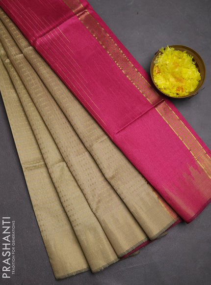 Semi dupion saree beige and pink with allover zari woven buttas and temple design zari woven border