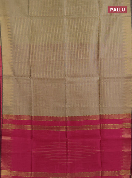 Semi dupion saree beige and pink with allover zari woven buttas and temple design zari woven border