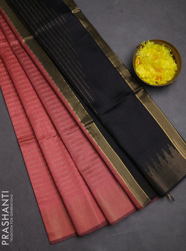 Semi dupion saree peach and black with allover zari woven buttas and temple design zari woven border