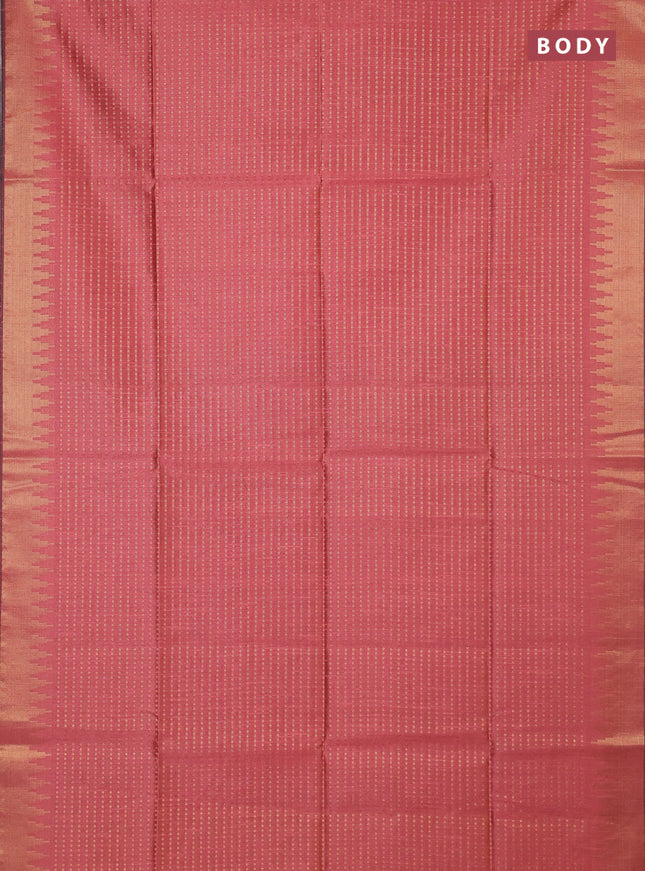 Semi dupion saree peach and black with allover zari woven buttas and temple design zari woven border