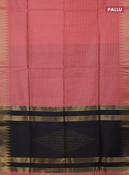 Semi dupion saree peach and black with allover zari woven buttas and temple design zari woven border