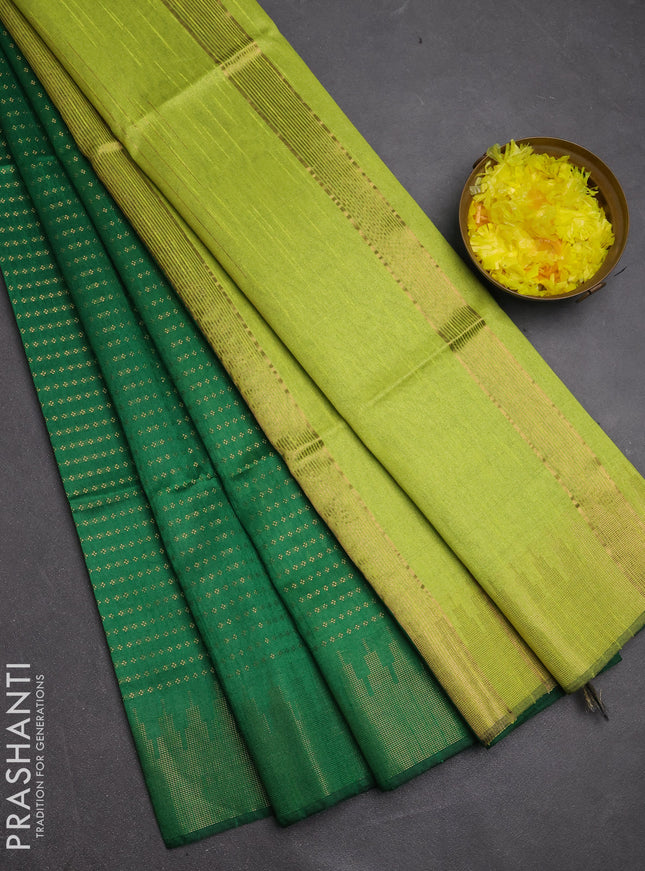Semi dupion saree green and lime green with allover zari woven buttas and temple design zari woven border