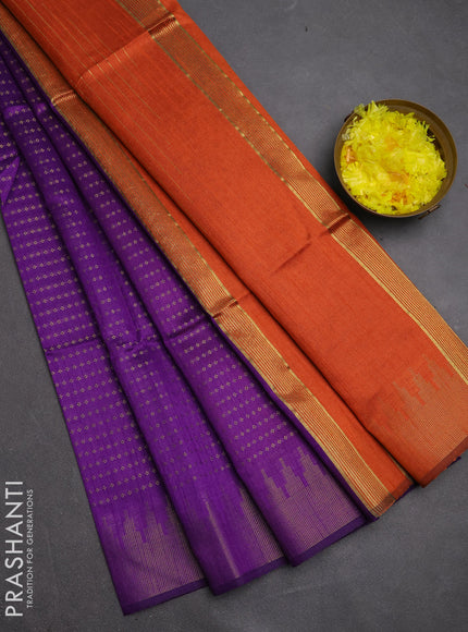 Semi dupion saree violet and orange with allover zari woven buttas and temple design zari woven border