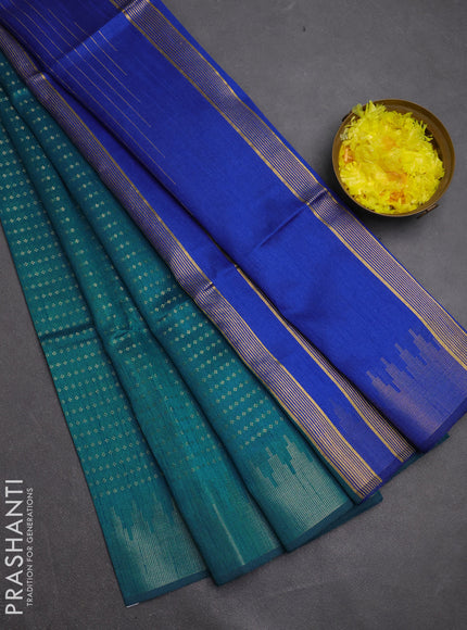 Semi dupion saree teal blue and blue with allover zari woven buttas and temple design zari woven border