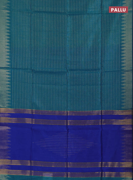 Semi dupion saree teal blue and blue with allover zari woven buttas and temple design zari woven border