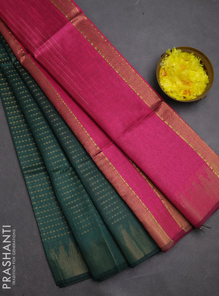 Semi dupion saree green and pink with allover zari woven buttas and temple design zari woven border