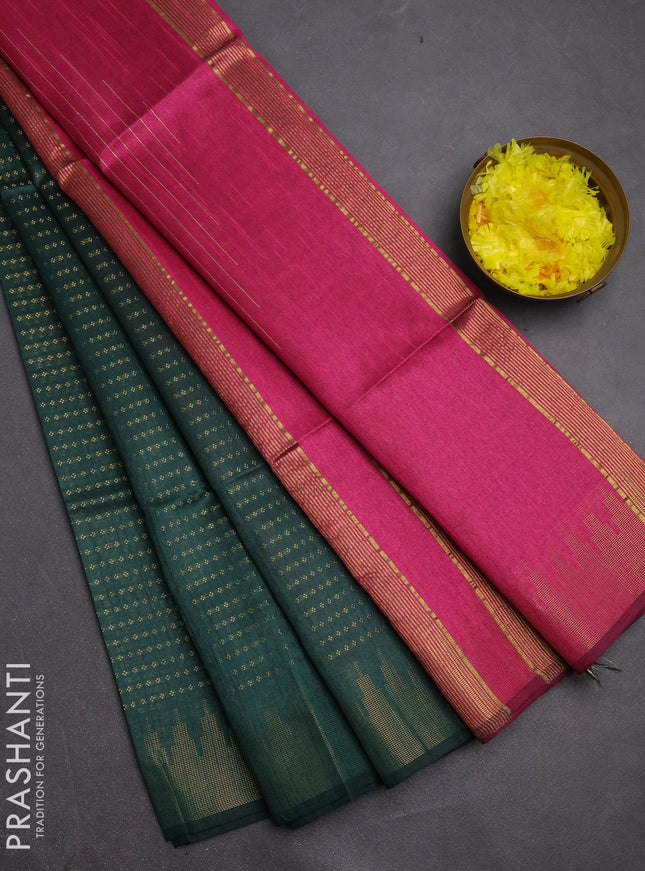 Semi dupion saree green and pink with allover zari woven buttas and temple design zari woven border