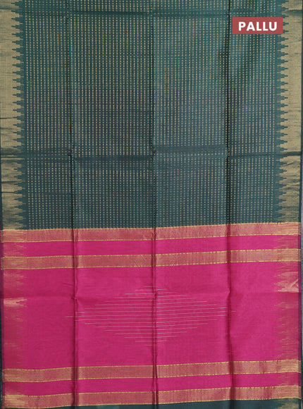 Semi dupion saree green and pink with allover zari woven buttas and temple design zari woven border
