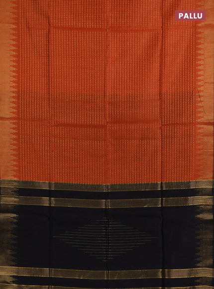 Semi dupion saree orange and black with allover zari woven buttas and temple design zari woven border