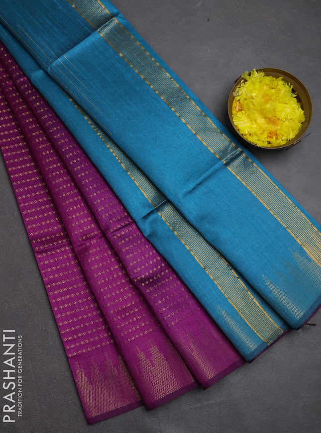 Semi dupion saree purple and teal blue with allover zari woven buttas and temple design zari woven border
