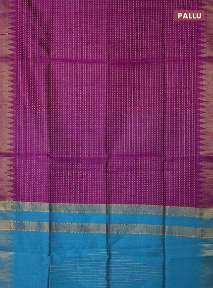 Semi dupion saree purple and teal blue with allover zari woven buttas and temple design zari woven border