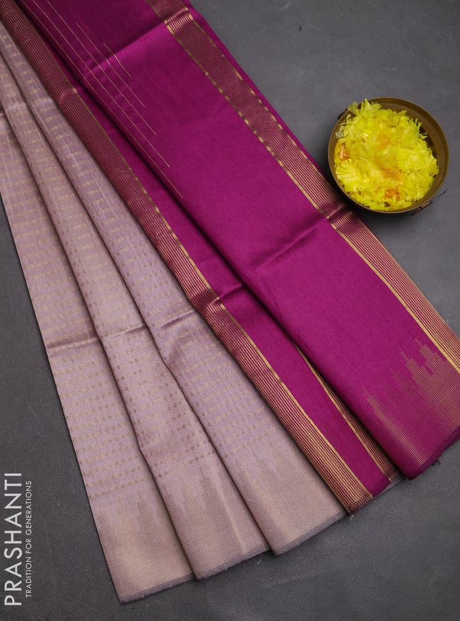 Semi dupion saree pastel pink and purple with allover zari woven buttas and temple design zari woven border