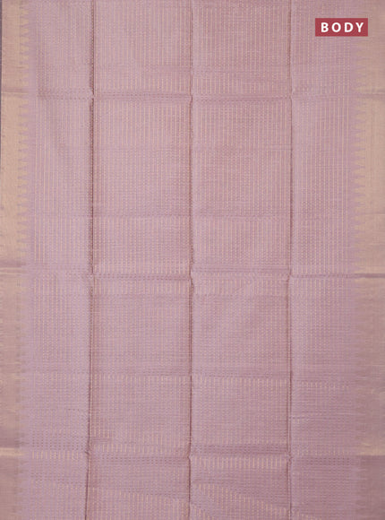 Semi dupion saree pastel pink and purple with allover zari woven buttas and temple design zari woven border