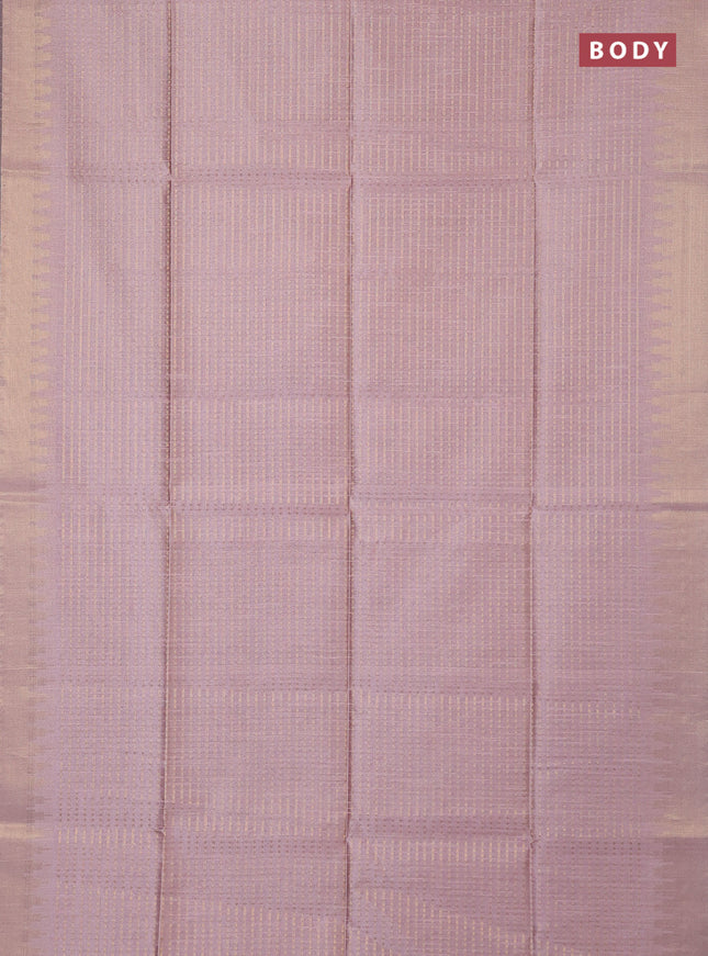 Semi dupion saree pastel pink and purple with allover zari woven buttas and temple design zari woven border