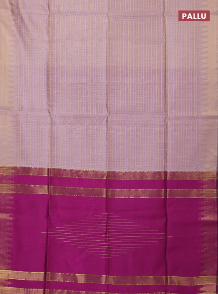 Semi dupion saree pastel pink and purple with allover zari woven buttas and temple design zari woven border