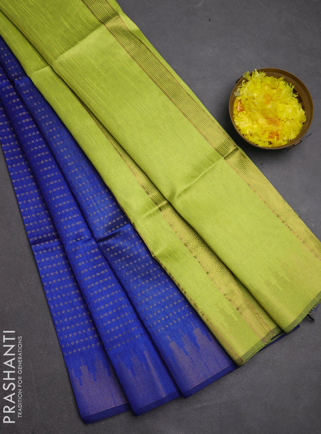 Semi dupion saree blue and lime green with allover zari woven buttas and temple design zari woven border