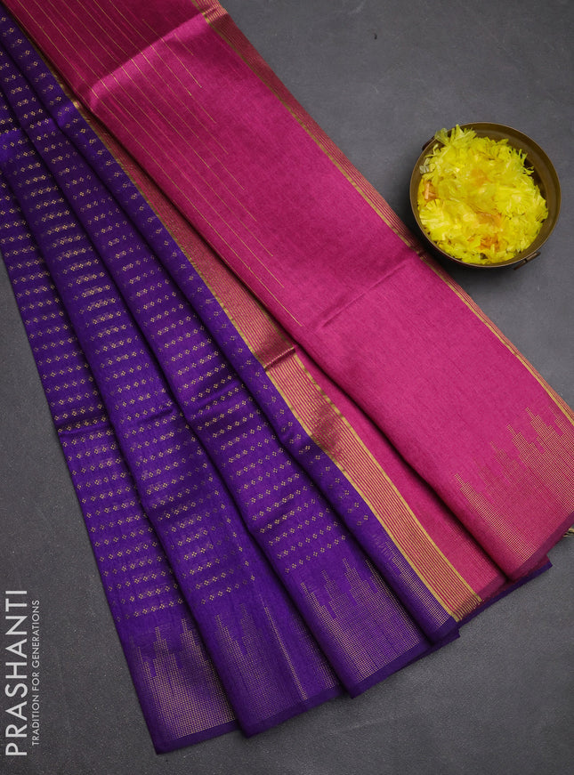 Semi dupion saree violet and pink with allover zari woven buttas and temple design zari woven border