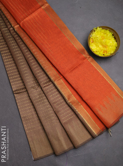 Semi dupion saree brown and orange with allover zari woven buttas and temple design zari woven border