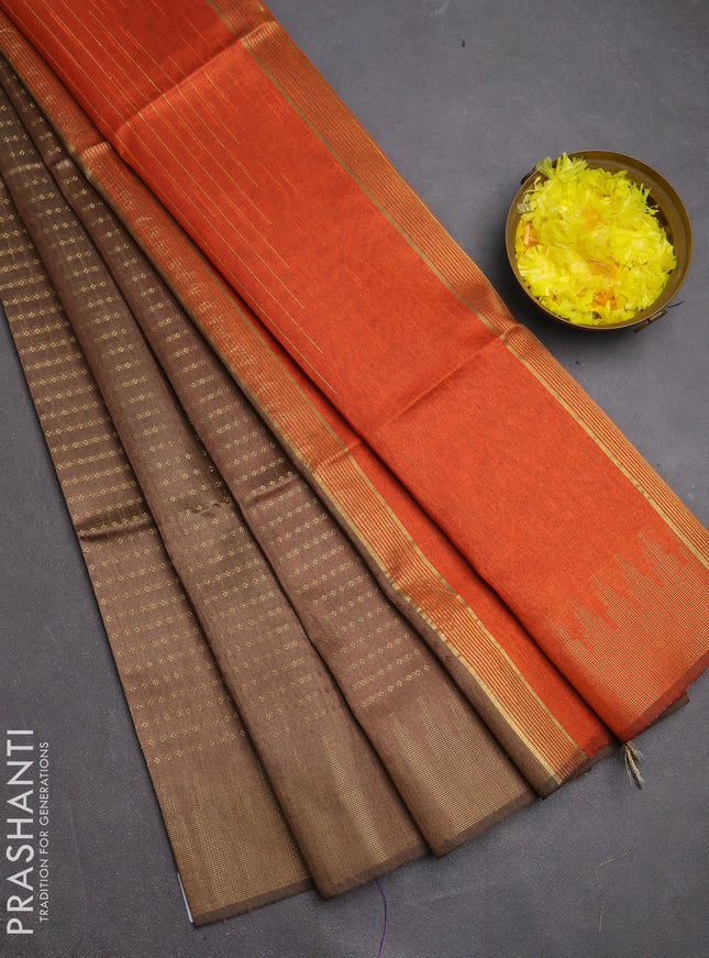 Semi dupion saree brown and orange with allover zari woven buttas and temple design zari woven border