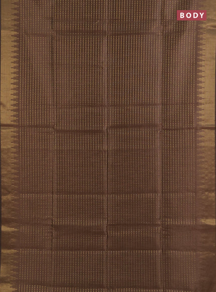 Semi dupion saree brown and orange with allover zari woven buttas and temple design zari woven border