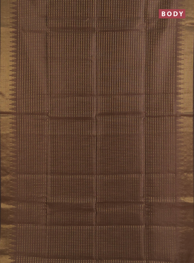 Semi dupion saree brown and orange with allover zari woven buttas and temple design zari woven border