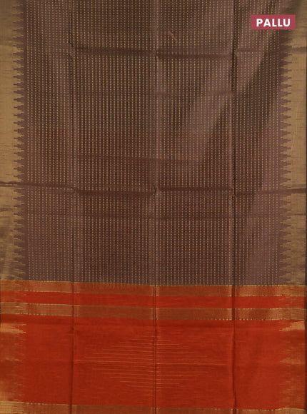Semi dupion saree brown and orange with allover zari woven buttas and temple design zari woven border