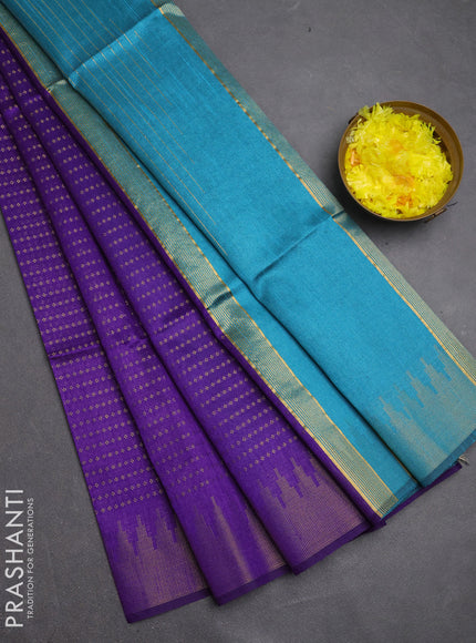 Semi dupion saree violet and teal blue with allover zari woven buttas and temple design zari woven border