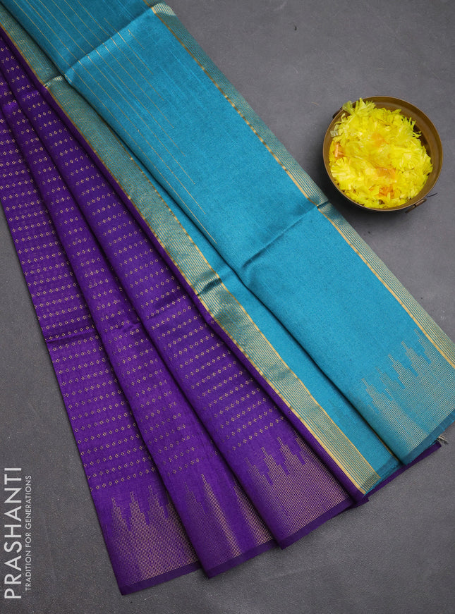 Semi dupion saree violet and teal blue with allover zari woven buttas and temple design zari woven border