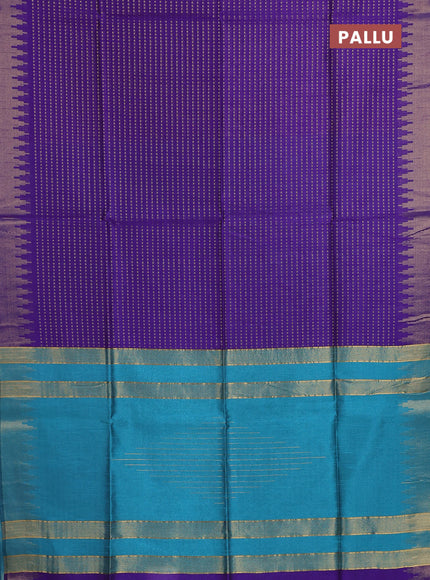 Semi dupion saree violet and teal blue with allover zari woven buttas and temple design zari woven border