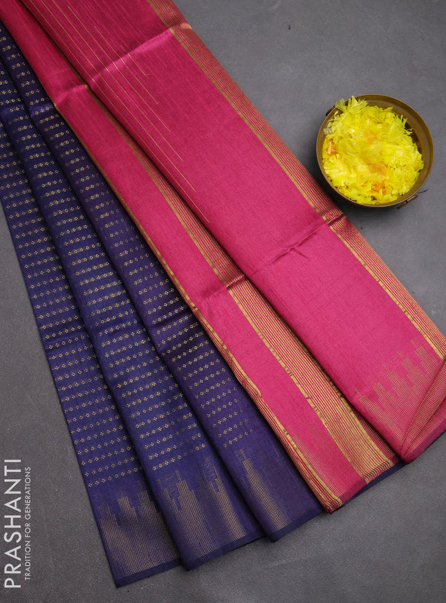 Semi dupion saree navy blue and pink with allover zari woven buttas and temple design zari woven border