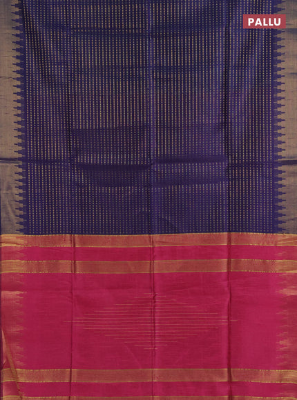 Semi dupion saree navy blue and pink with allover zari woven buttas and temple design zari woven border