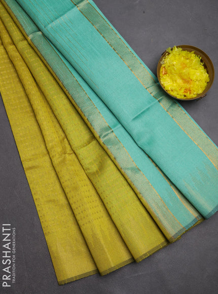 Semi dupion saree lime yellow and teal green with allover zari woven buttas and temple design zari woven border
