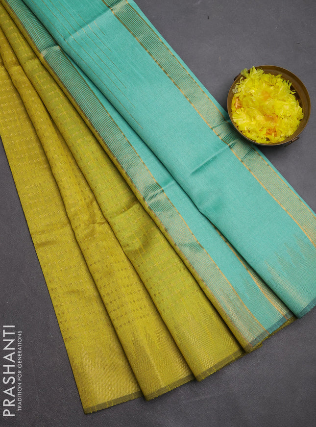 Semi dupion saree lime yellow and teal green with allover zari woven buttas and temple design zari woven border