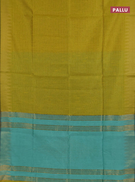Semi dupion saree lime yellow and teal green with allover zari woven buttas and temple design zari woven border