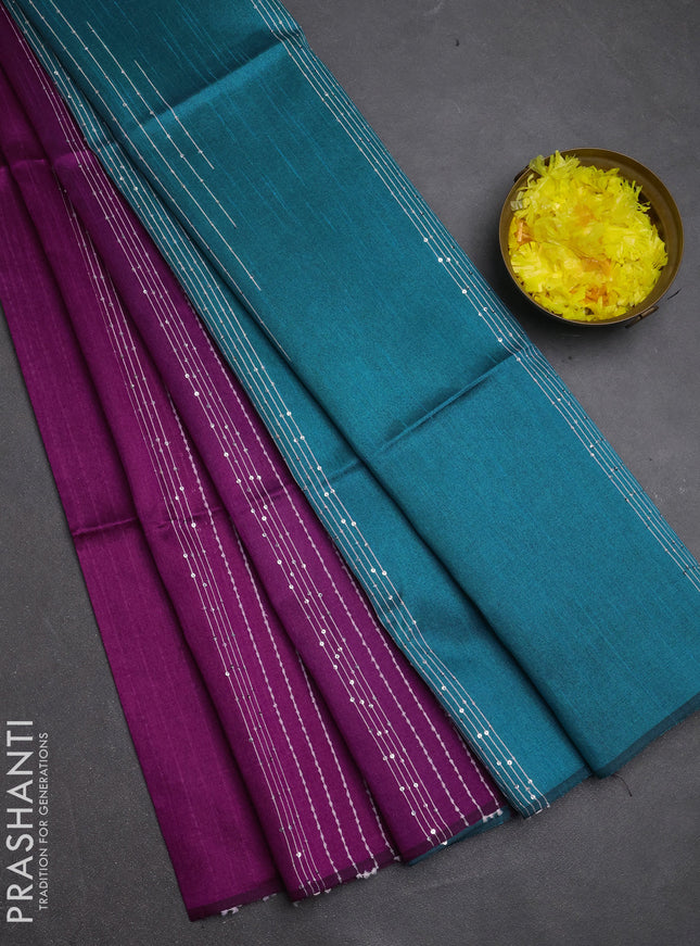 Semi dupion saree purple and teal green with allover sequin work in borderless style