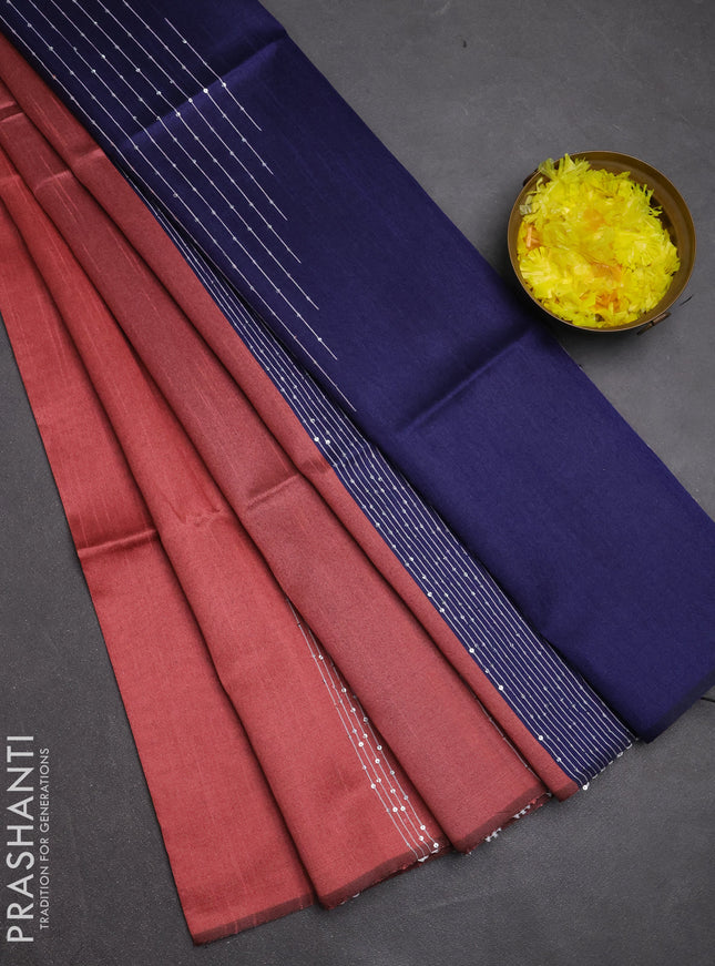 Semi dupion saree dark peach and navy blue with allover sequin work in borderless style