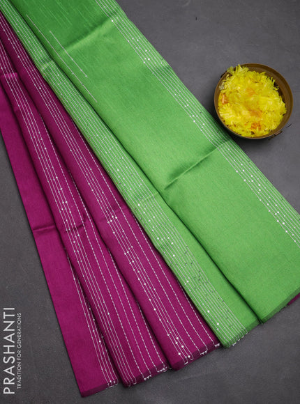 Semi dupion saree purple and light green with allover sequin work in borderless style