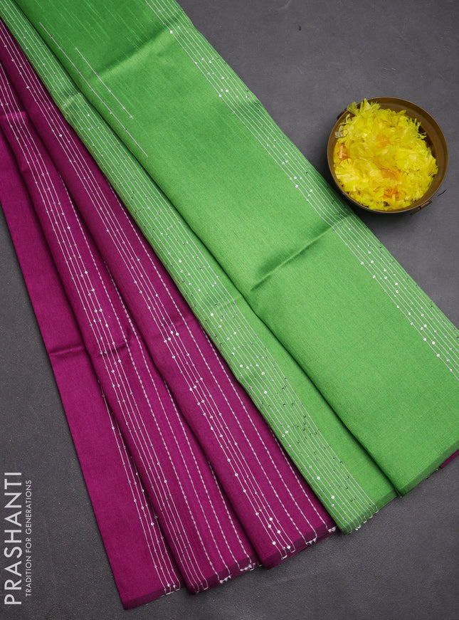Semi dupion saree purple and light green with allover sequin work in borderless style