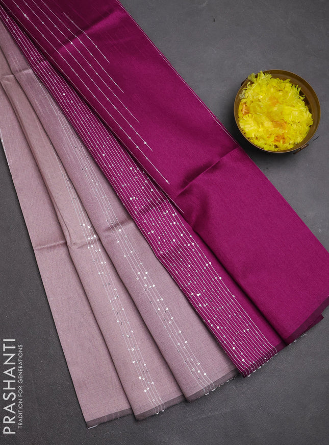 Semi dupion saree pastel pink and purple with allover sequin work in borderless style