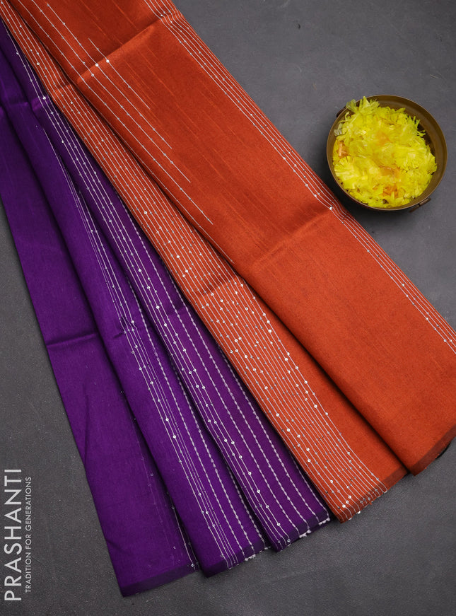Semi dupion saree violet and orange with allover sequin work in borderless style