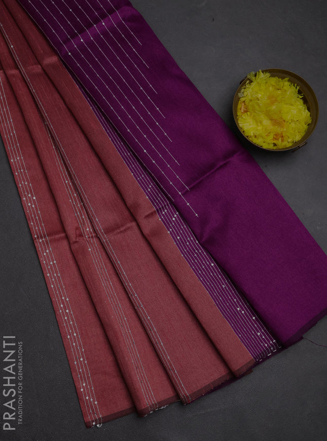 Semi dupion saree peach and purple with allover sequin work in borderless style